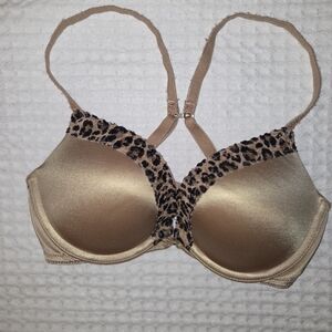 Victorias Secret Pink Padded Pushup Undwire Bra Leopard Lace Satin Nude 32b